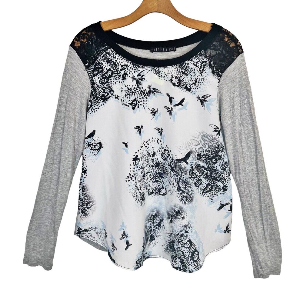 Potters Pot Bird Print and Black Lace Top Sz M Long Sleeves Loose Slouchy Boho